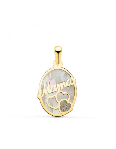 18K COLGANTE DE NACAR OVALORO AMARILLO MAMA CON CORAZONES Y POLVO DE DIAMANTE 17X13MM