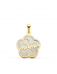 18K COLGANTE DE NACAR ORO AMARILLO FORMA DE FLOR Y MAMA CON CORAZONES 15X15MM