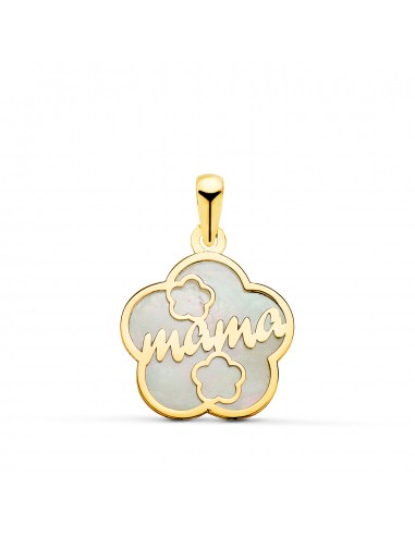 18K COLGANTE DE NACAR ORO AMARILLO FORMA DE FLOR Y MAMA CON CORAZONES 15X15MM