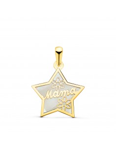 18K COLGANTE DE NACAR FORMA ORO AMARILLO  DE ESTRELLA Y MAMA CON FLORES 16X15MM
