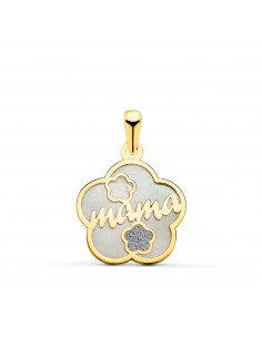 18K COLGANTE DE NACAR ORO AMARILLO FORMA DE FLOR Y MAMA CON CORAZON Y POLVO DIAMANTE 15X15MM