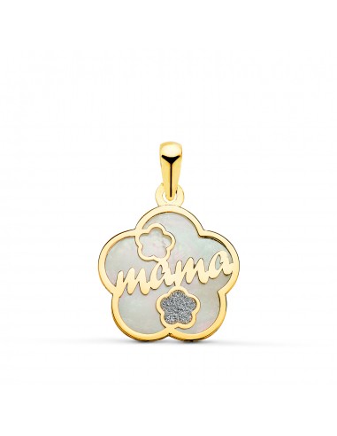18K COLGANTE DE NACAR ORO AMARILLO FORMA DE FLOR Y MAMA CON CORAZON Y POLVO DIAMANTE 15X15MM