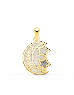 18K COLGANTE DE ORO AMARILLO NACAR FORMA DE LUNA Y MAMA CON ESTRELLAS 16X13MM