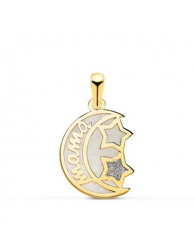 18K COLGANTE DE ORO AMARILLO NACAR FORMA DE LUNA Y MAMA CON ESTRELLAS 16X13MM