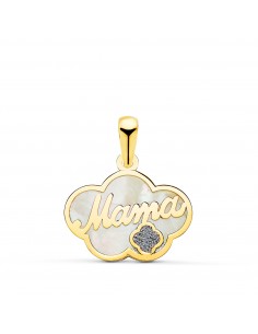 18K COLGANTE DE NACAR ORO AMARILLO FORMA DE NUBE Y MAMA CON GLITTER 17X13MM