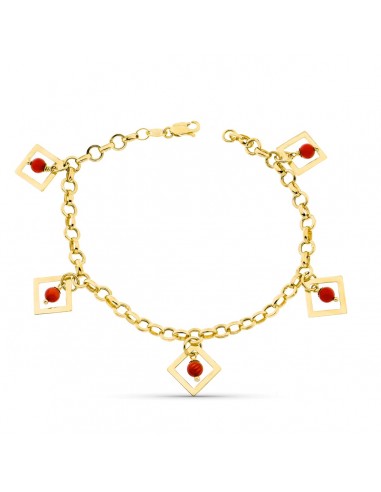 18K PULSERA ORO AMARILLO ESLABON ROLO ROMBOS Y CORAL