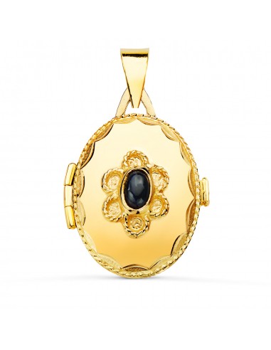 18K GUARDAPELO DIJE PORTAFOTOS ORO AMARILLO OVAL CON PIEDRA AZUL Y BORDE HILO RELIADO. 23 X 18 MM