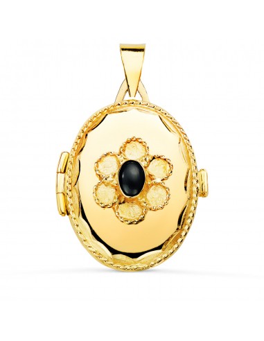 18K GUARDAPELO DIJE PORTAFOTOS ORO AMARILLO OVAL CON PIEDRA AZUL Y BORDE HILO RELIADO. 26X21 MM