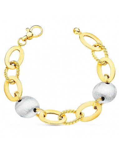 18K PULSERA ORO BICOLOR ARTICULADA MOTIVOS OVALES Y REDONDOS MATIZADOS. 19. CM
