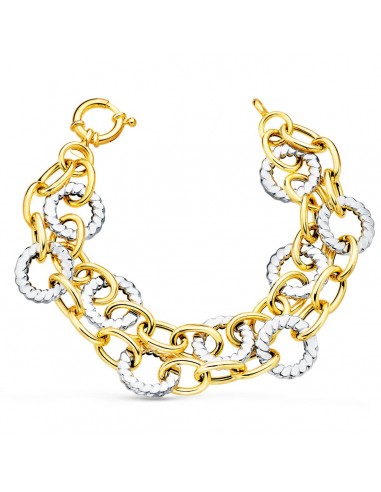 18K PULSERA ORO BICOLOR DOBLE CADENA HUECA MOTIVOS REDONDOS 20.5 CM