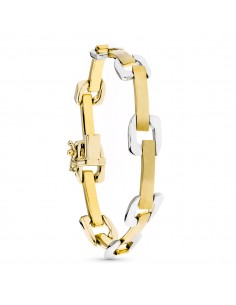 18K PULSERA ORO BICOLOR ESLABON CUADRADO Y BARRAS MATE Y BRILLO