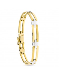 18K PULSERA ORO BICOLOR ESLABONES BARRAS Y CRUCES MATE Y BRILLO