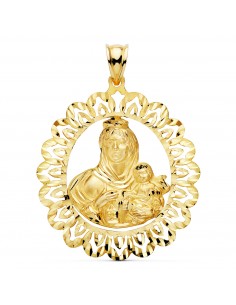 18K MEDALLA ORO AMARILLO VIRGEN DEL CARMEN CERCO TALLADO 41X35 MM