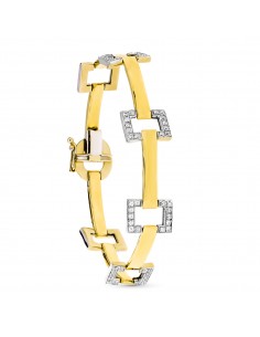 18K PULSERA ORO BICOLOR BARRAS Y CUADRADOS CON CIRCONITAS. 20 CM