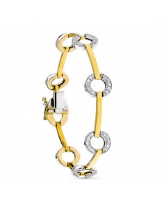 18K PULSERA ORO BICOLOR BARRAS Y CIRCULOS CON CIRCONITAS. 19,5 CM