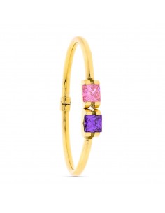 18K PULSERA ORO AMARILLO RIGIDA 2 PIEDRAS COLOR AMATISTA Y ROS DE FRANCIA