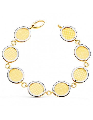 18K PULSERA ORO BICOLOR ESLABONES REDONDOS DISEÑOS MATIZADOS. 20.5 CM