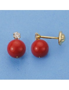 18K PENDIENTES CORAL Y CIRCONITAS. 9 X 6 MM