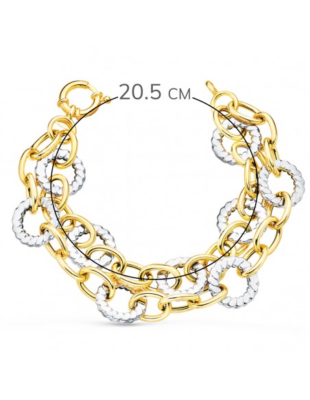 18K PULSERA ORO BICOLOR DOBLE CADENA HUECA MOTIVOS REDONDOS. 20,5 CM.
