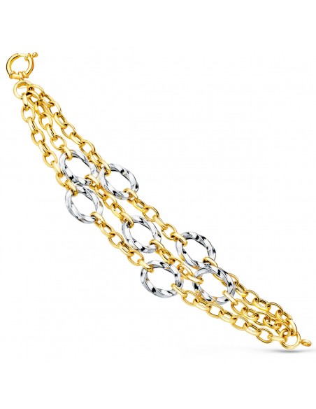 18K PULSERA ORO BICOLOR TRIPLE CADENA HUECA MOTIVOS REDONDOS. 20 CM.