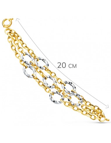 18K PULSERA ORO BICOLOR TRIPLE CADENA HUECA MOTIVOS REDONDOS. 20 CM.