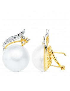 18K PENDIENTES ORO AMARILLO PERLA JAPONESAS 16 MM RAMA CIERRE OMEGA
