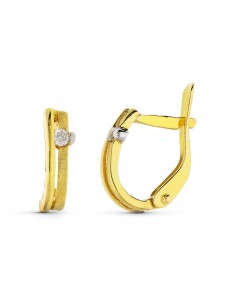 18K PENDIENTES ORO BICOLOR DIAMANTES NATURALES TALLA BRILLANTE 9X3 MM CIERRE CATALAN