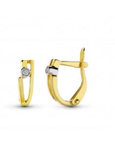 18K PENDIENTES ORO BICOLOR DIAMANTES NATURALES TALLA BRILLANTE 10X3 MM CIERRE CATALAN