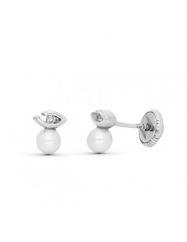 18K PENDIENTES ORO BLANCO DIAMANTES NATURALES TALLA BRILLANTE Y PERLA 5X4 MM CIERRE TUERCA