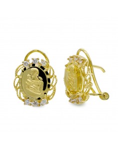 18K PENDIENTES ORO AMARILLO MONEDA MADRE CIRCONITA CIERRE OMEGA