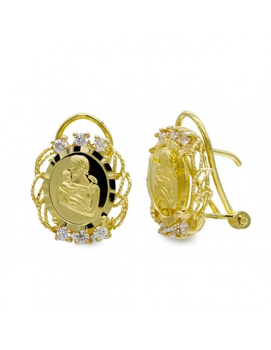 18K PENDIENTES ORO AMARILLO MONEDA MADRE CIRCONITA CIERRE OMEGA