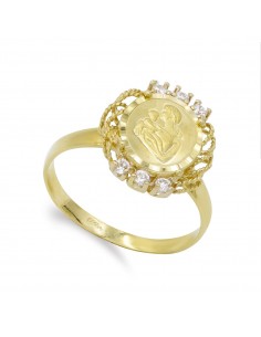 18K SORTIJA ORO AMARILLO CON MONEDA RELIEVE VIRGEN MADRE Y CIRCONITAS. MEDIDA: 14X13 MM