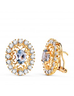 18K PENDIENTES ORO AMARILLO PIEDRA AGUAMARINA 7X5 MM CON CIRCONITAS. MEDIDA: 19X16 MM. CIERRE OMEGA