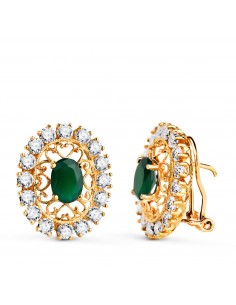 18K PENDIENTES ORO AMARILLO PIEDRA VERDE 7X5 MM CON CIRCONITAS. MEDIDA: 19X16 MM. CIERRE OMEGA