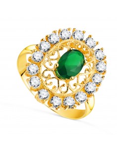 18K SORTIJA ORO AMARILLO CALADA CON PIEDRA VERDE 7X5 MM CON CIRCONITAS. MEDIDA: 19X16 MM.