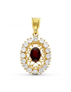18K COLGANTE ORO AMARILLO FILIGRANA OVAL GRANATE Y CIRCONITAS