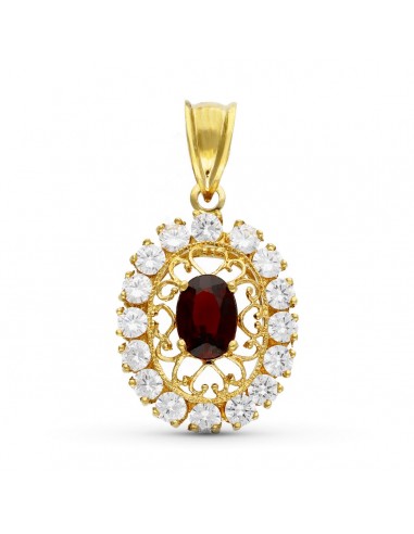 18K COLGANTE ORO AMARILLO FILIGRANA OVAL GRANATE Y CIRCONITAS