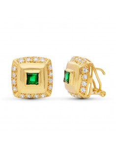 18K PENDIENTES ORO AMARILLO CIRCONITA 14X14 MM CIERRE OMEGA
