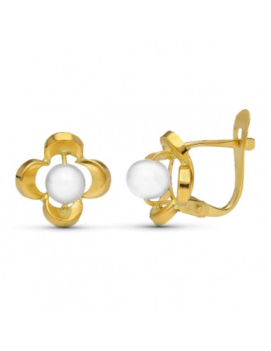 18K PENDIENTES ORO AMARILLO FLOR Y PERLA 10X10 MM CIERRE CATALAN