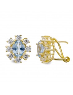 18K PENDIENTES ORO AMARILLO AGUAMARINA 7X5 MM CIRCONITA CIERRE OMEGA