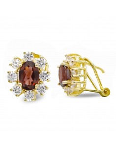 18K PENDIENTES ORO AMARILLO GRANATE 7X5 MM CIRCONITA CIERRE OMEGA