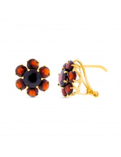 18K PENDIENTES ORO AMARILLO Y GRANATES 12X12 MM CIERRE OMEGA