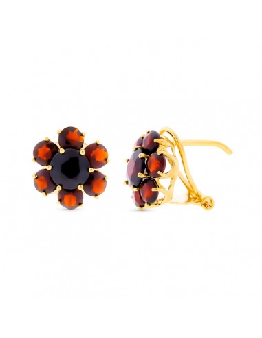 18K PENDIENTES ORO AMARILLO Y GRANATES 12X12 MM CIERRE OMEGA
