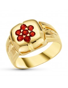 18K SORTIJA ORO AMARILLO MOTIVO CUADRADO CON CIRCONITAS GRANATES. ANCHO: 12 MM
