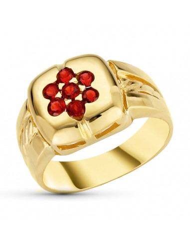 18K SORTIJA ORO AMARILLO MOTIVO CUADRADO CON CIRCONITAS GRANATES. ANCHO: 12 MM
