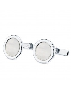 18K GEMELOS ORO BLANCO REDONDOS CON NACAR 15 MM CIERRE RIGIDO OSCILANTE