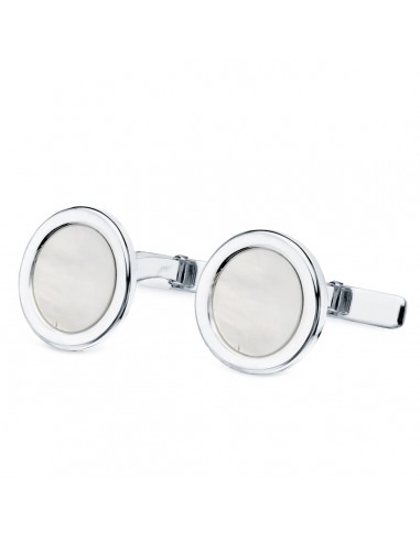 18K GEMELOS ORO BLANCO REDONDOS CON NACAR 15 MM CIERRE RIGIDO OSCILANTE