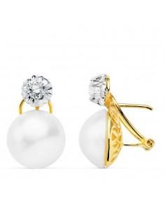 18K PENDIENTES ORO AMARILLO PERLA JAPONESAS 13 MM CIERRE OMEGA