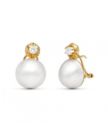 18K PENDIENTES ORO BICOLOR PERLA JAPONESA 14-14.5 MM CIERRE OMEGA