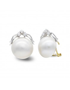 18K PENDIENTES ORO BICOLOR PERLA JAPONESA 14-16 MM Y CIRCONITA CIERRE OMEGA